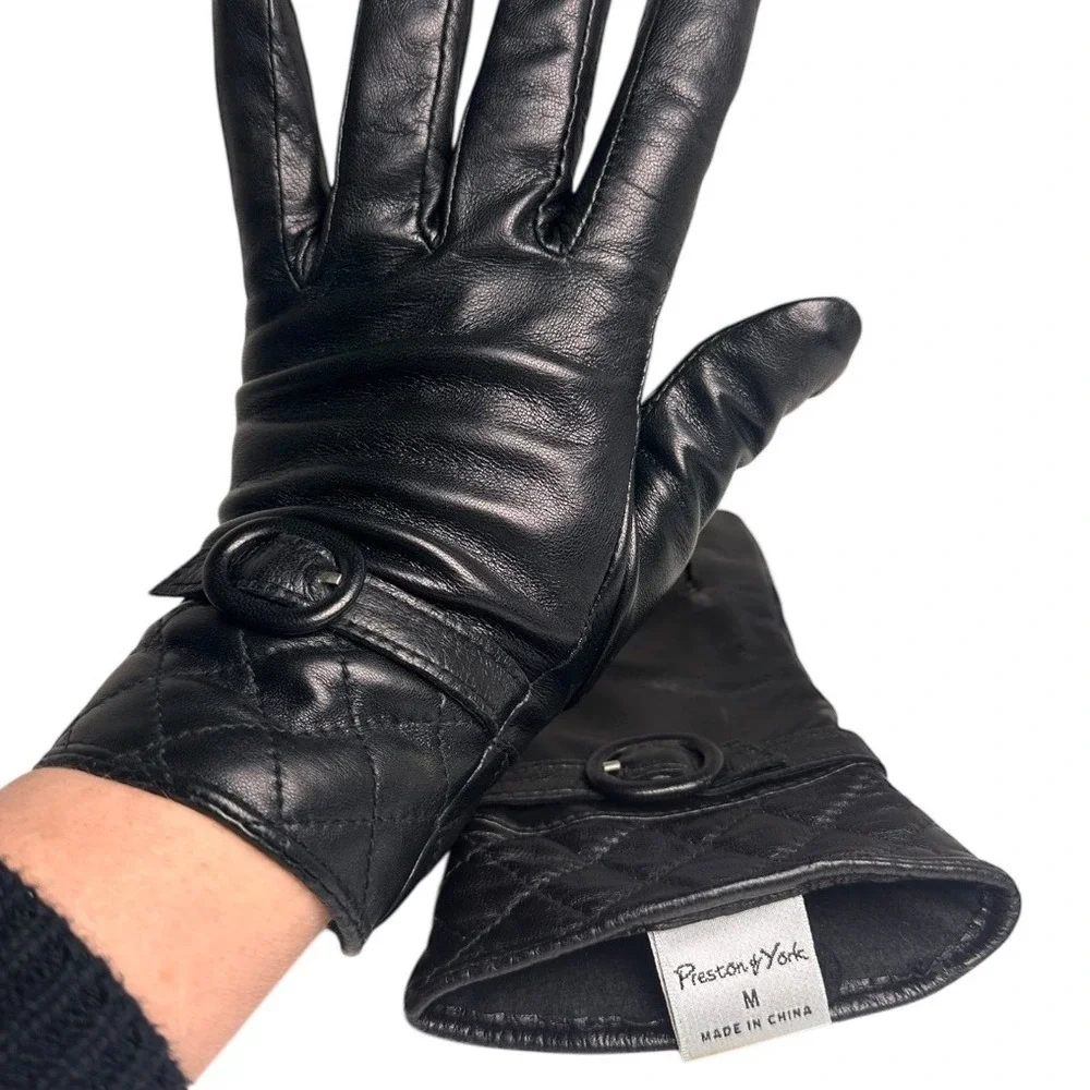 Vintage Preston‎ & York Black Leather Gloves Quilted Fleece Lined M